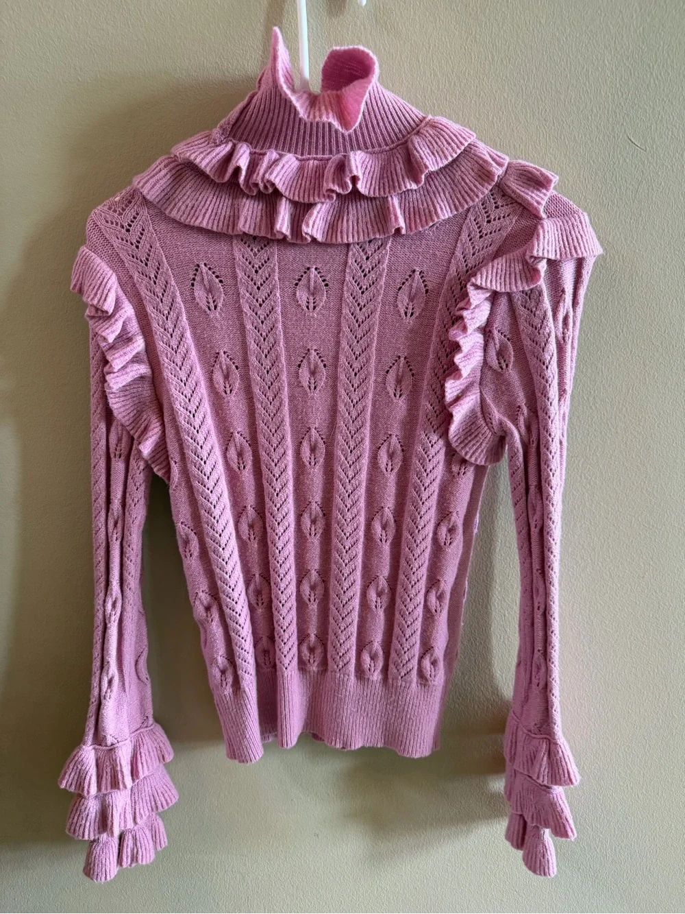 SHEIN Pink Ruffled Cable-Knit Turtleneck Sweater